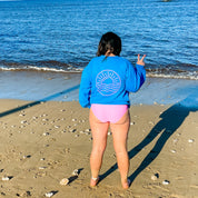 VACAY VIBES - ROYAL BLUE FLEECE - Screen Printed (Ocean Sunset on Back) Little Mama Shirt Shop