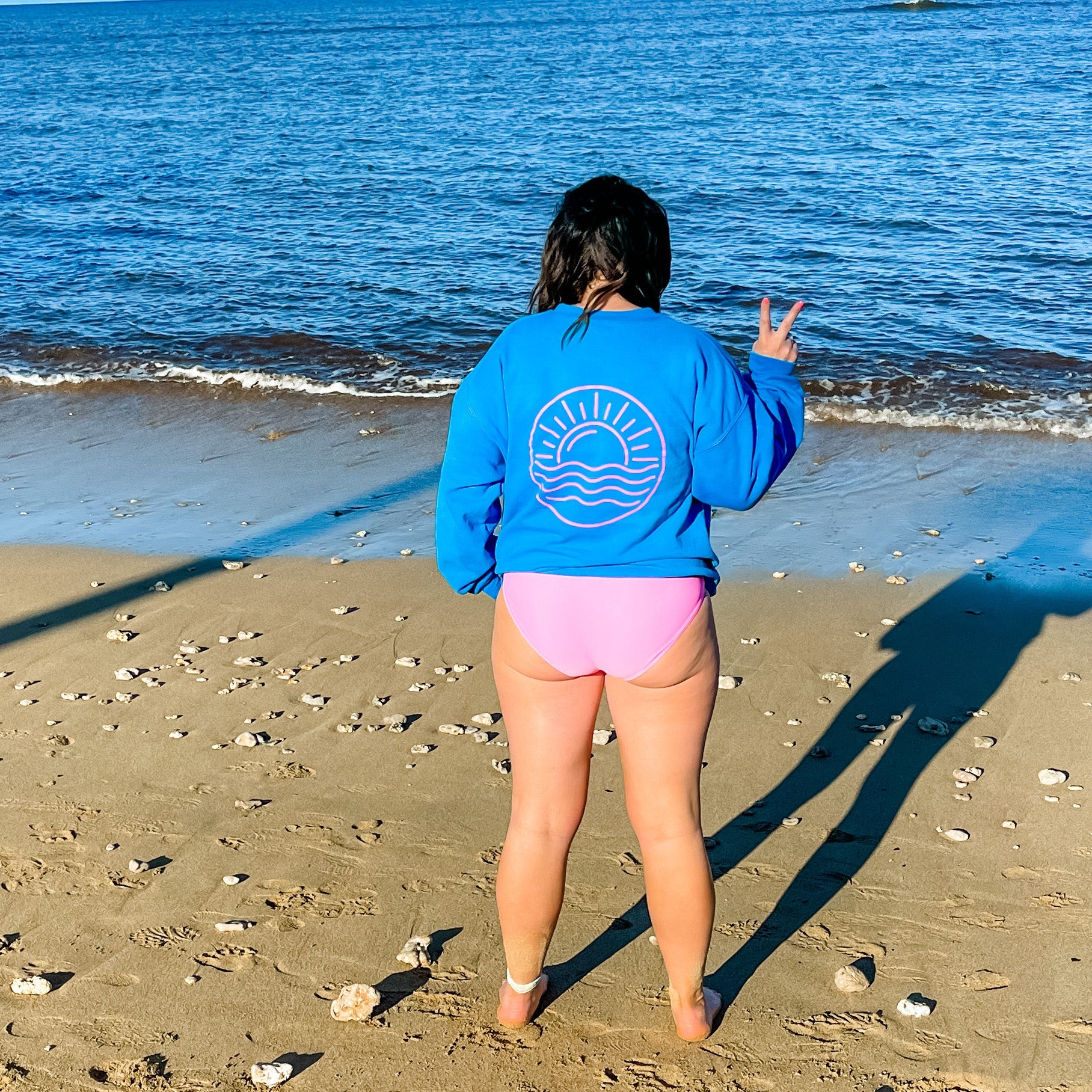 VACAY VIBES - ROYAL BLUE FLEECE - Screen Printed (Ocean Sunset on Back) Little Mama Shirt Shop
