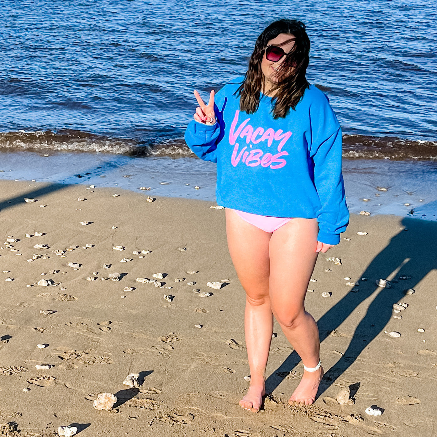 VACAY VIBES - ROYAL BLUE FLEECE - Screen Printed (Ocean Sunset on Back) Little Mama Shirt Shop
