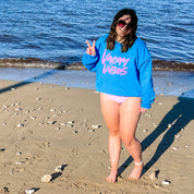 VACAY VIBES - ROYAL BLUE FLEECE - Screen Printed (Ocean Sunset on Back) Little Mama Shirt Shop