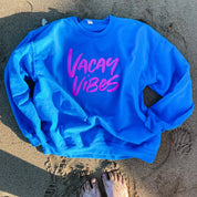 VACAY VIBES - ROYAL BLUE FLEECE - Screen Printed (Ocean Sunset on Back) Little Mama Shirt Shop