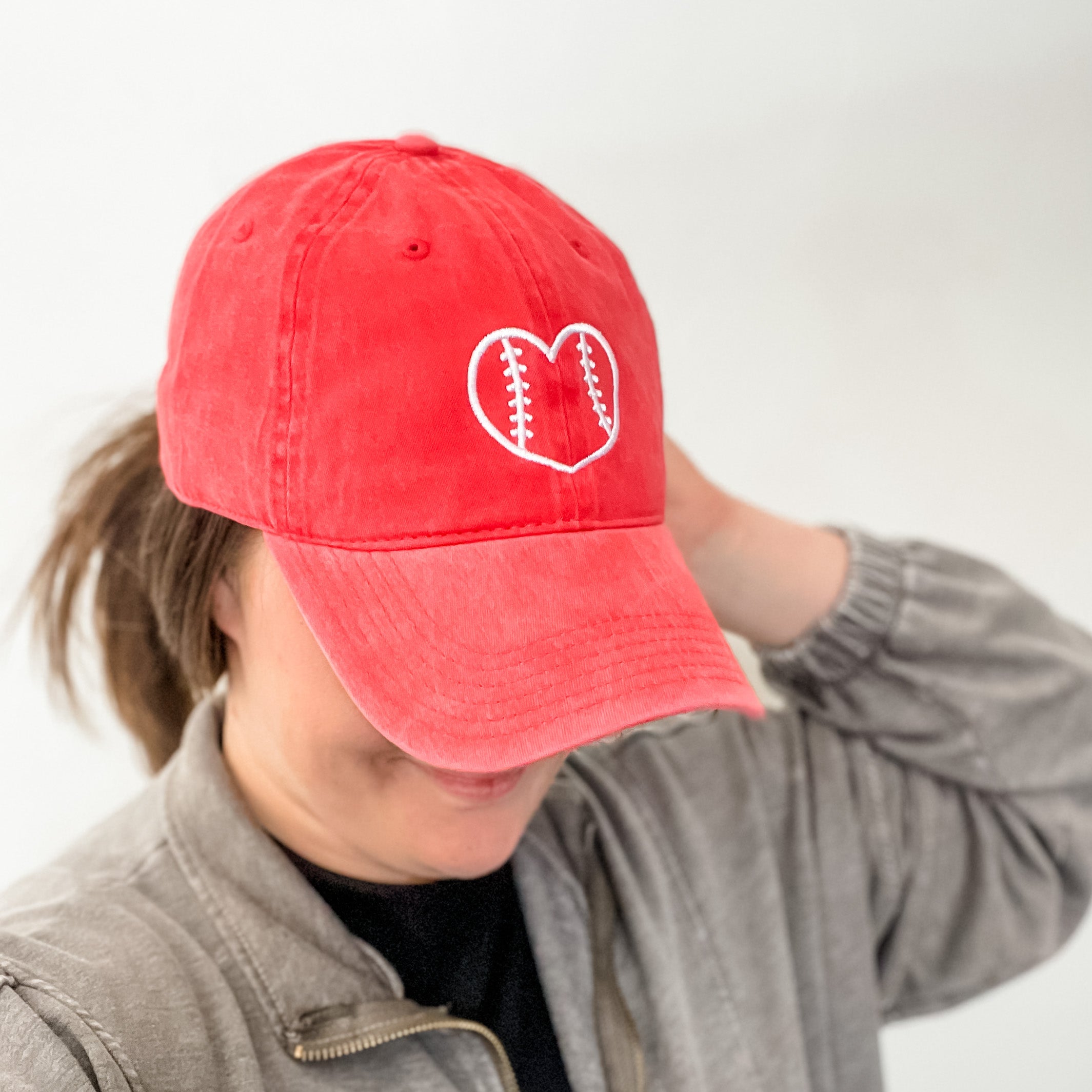 Outline Heart Baseball - Red w/ White - Adult Baseball Cap Little Mama Shirt Shop
