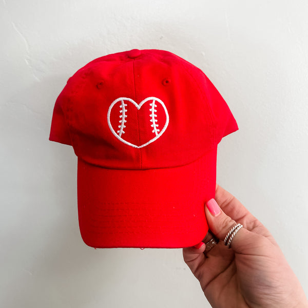 CHILD SIZE Baseball Cap - Outline Heart Baseball - Red w/ White