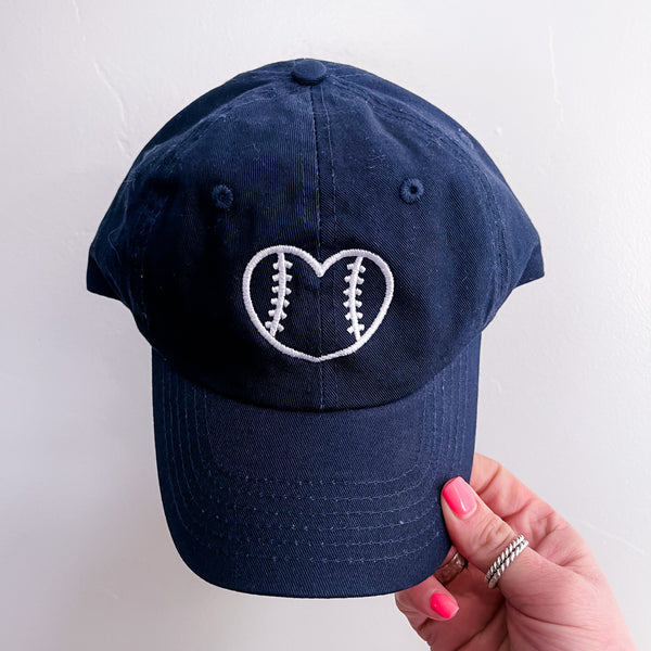 CHILD SIZE Baseball Cap - Outline Heart Baseball - Navy w/ White