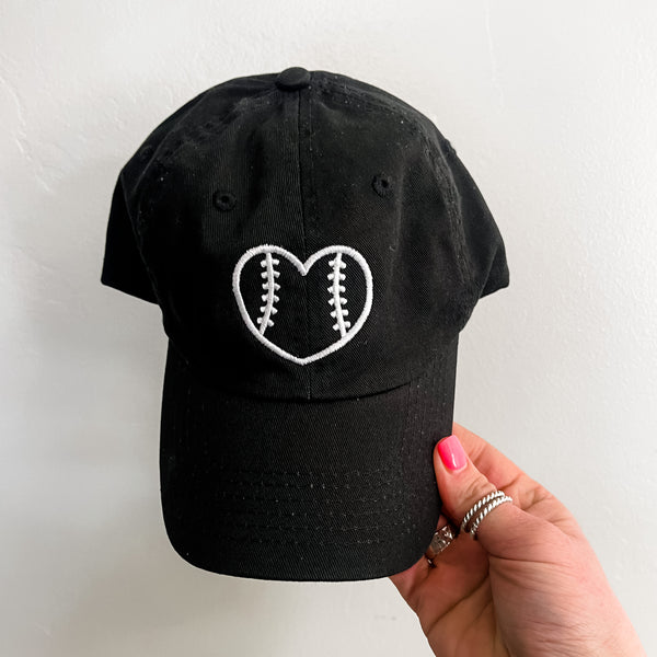 CHILD SIZE Baseball Cap - Outline Heart Baseball - Black w/ White