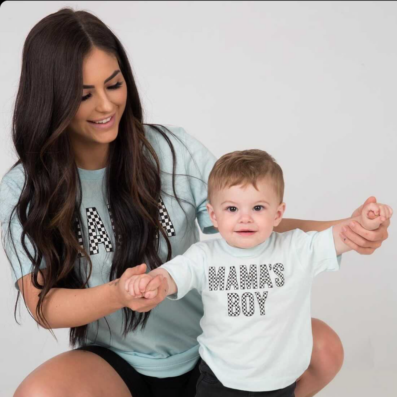 BLOCK FONT CHECKERS - MAMA+MAMA'S BOY - Set of 2 Matching Shirts