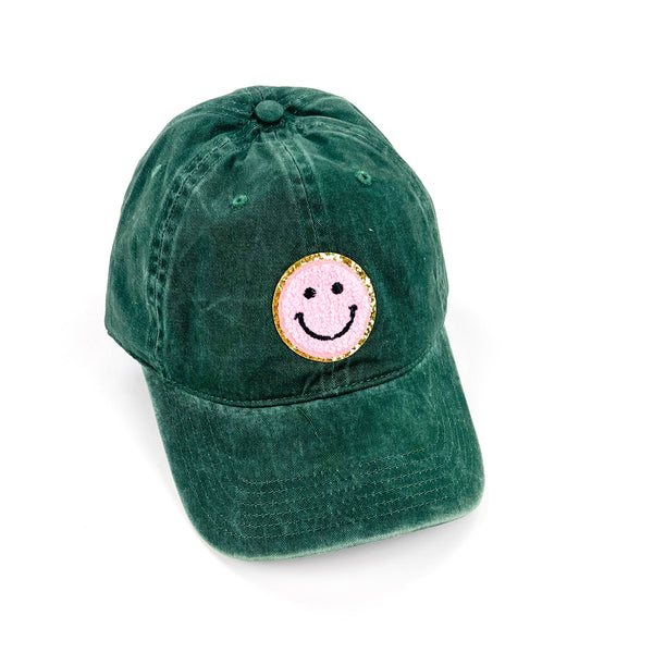 ADULT SIZE - Limited Edition Patch Hat - Hunter Green w/ Pink Smiley