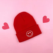 Child Beanie - Heart Eye Smiley - Bright Red w/ White Little Mama Shirt Shop LLC