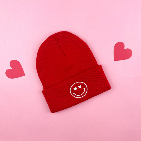 Child Beanie - Heart Eye Smiley - Bright Red w/ White