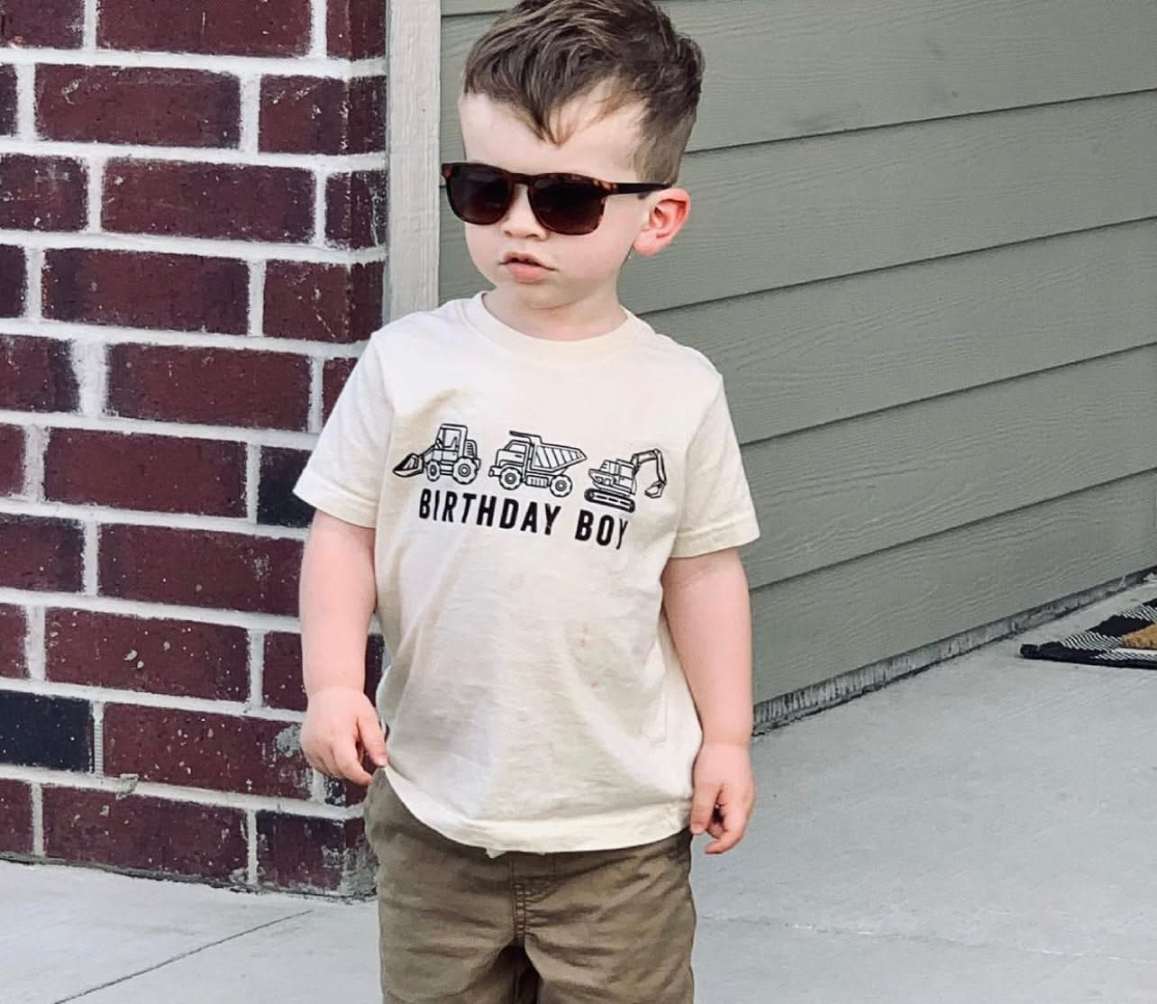 BIRTHDAY BOY CONSTRUCTION TRUCKS - Short Sleeve Child Shirt Little Mama Shirt Shop