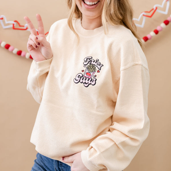 Embroidered Cream Corded Sweatshirt - Fries Before Guys