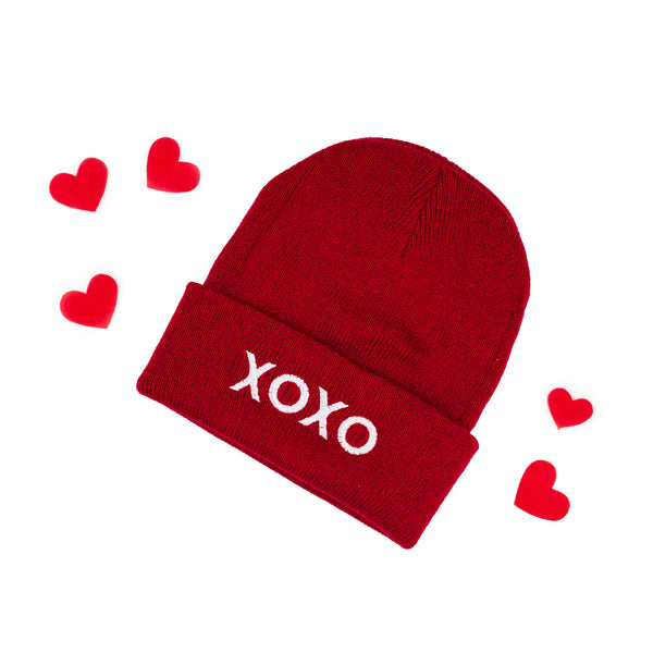 Child Beanie - XOXO - Dark Red w/ White