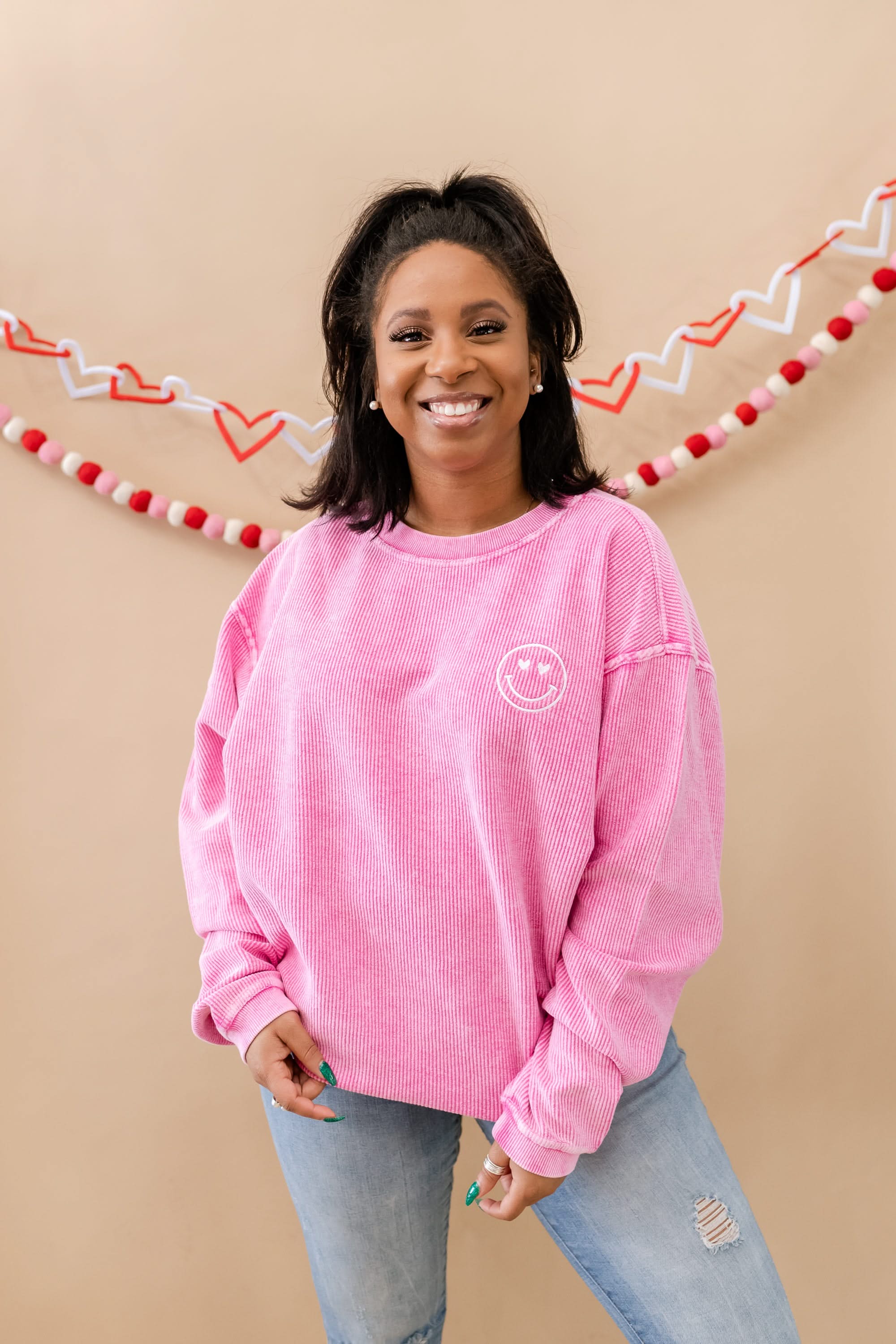 Embroidered Hot Pink Corded Sweatshirt - Heart Eye Smiley - (White