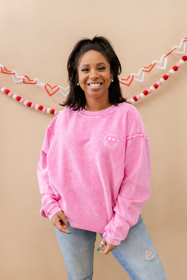 Hot Pink Corded Sweatshirt - Embroidered - Heart Eye Smiley - (white thread)