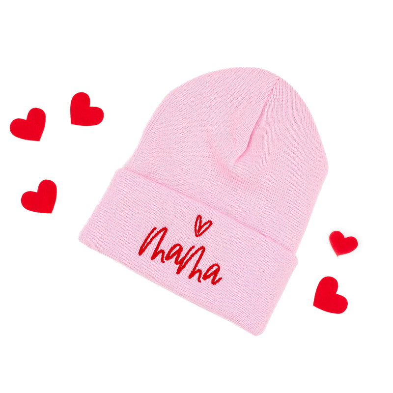 Adult Beanie - Mama Heart Above - Light Pink w/ Red