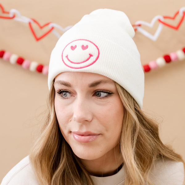 Adult Beanie - Heart Eye Smiley - Cream w/ Hot Pink