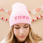 Adult Beanie - XOXO - Light Pink w/ Hot Pink Little Mama Shirt Shop LLC