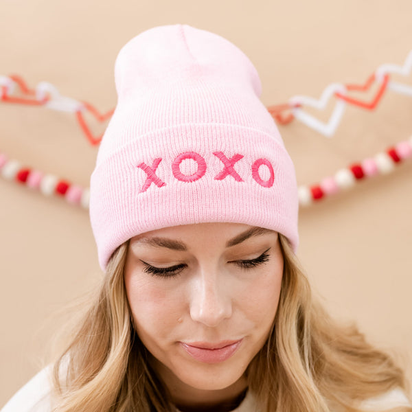 Adult Beanie - XOXO - Light Pink w/ Hot Pink