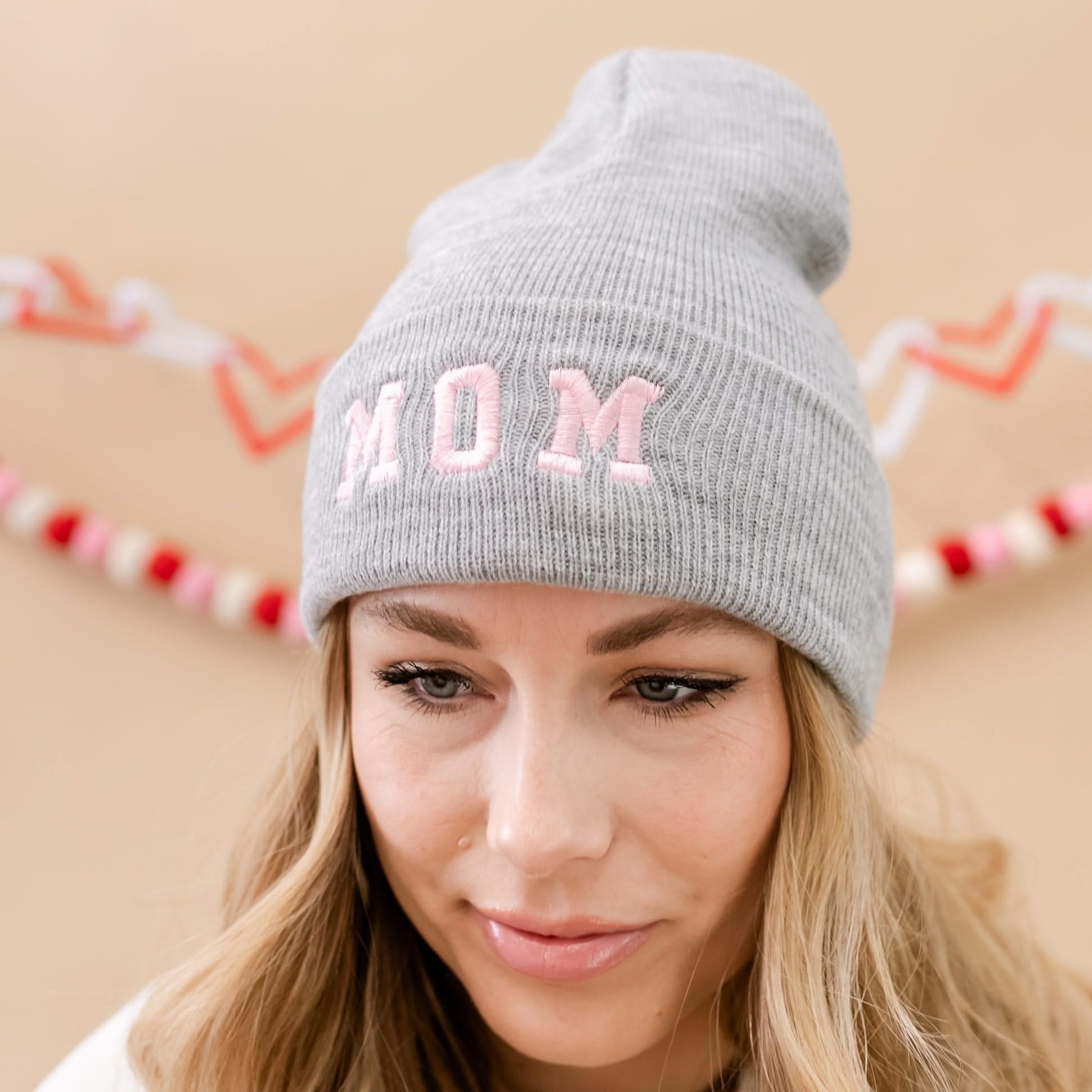 Adult Beanie - MOM Varsity - Gray w/ Light Pink Little Mama Shirt Shop LLC