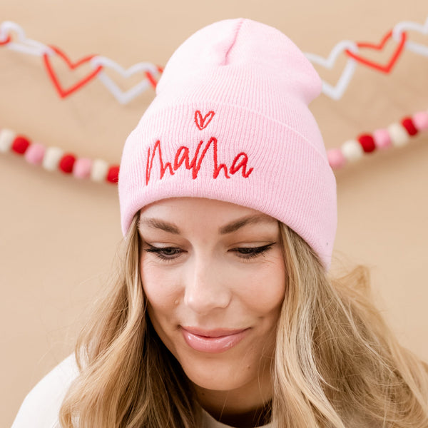 Adult Beanie - Mama Heart Above - Light Pink w/ Red