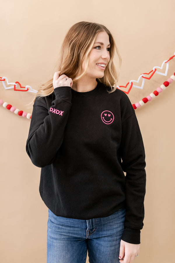 Embroidered SUPER-SOFT Fleece - Black w/ Hot Pink - Heart Eye Smiley + XOXO wrist detail