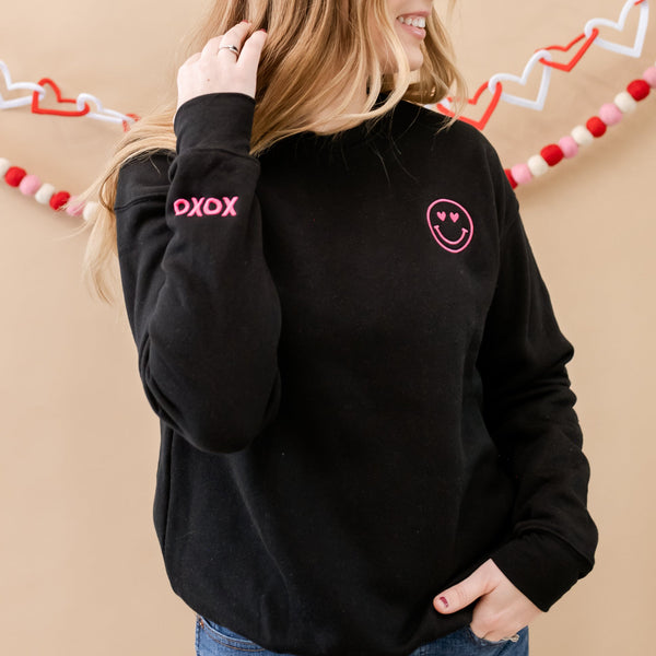 Embroidered SUPER-SOFT Fleece - Black w/ Hot Pink - Heart Eye Smiley + XOXO wrist detail