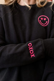 Embroidered SUPER-SOFT Fleece - Black w/ Hot Pink - Heart Eye Smiley + XOXO wrist detail Little Mama Shirt Shop