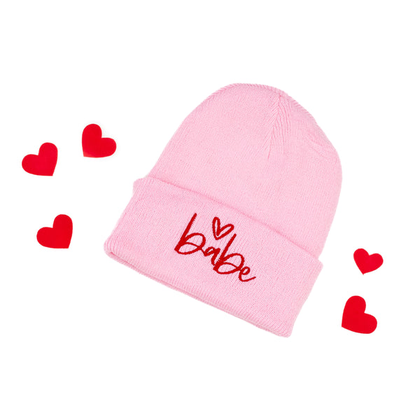 Child Beanie - Babe (Heart Above) - Light Pink w/ Red