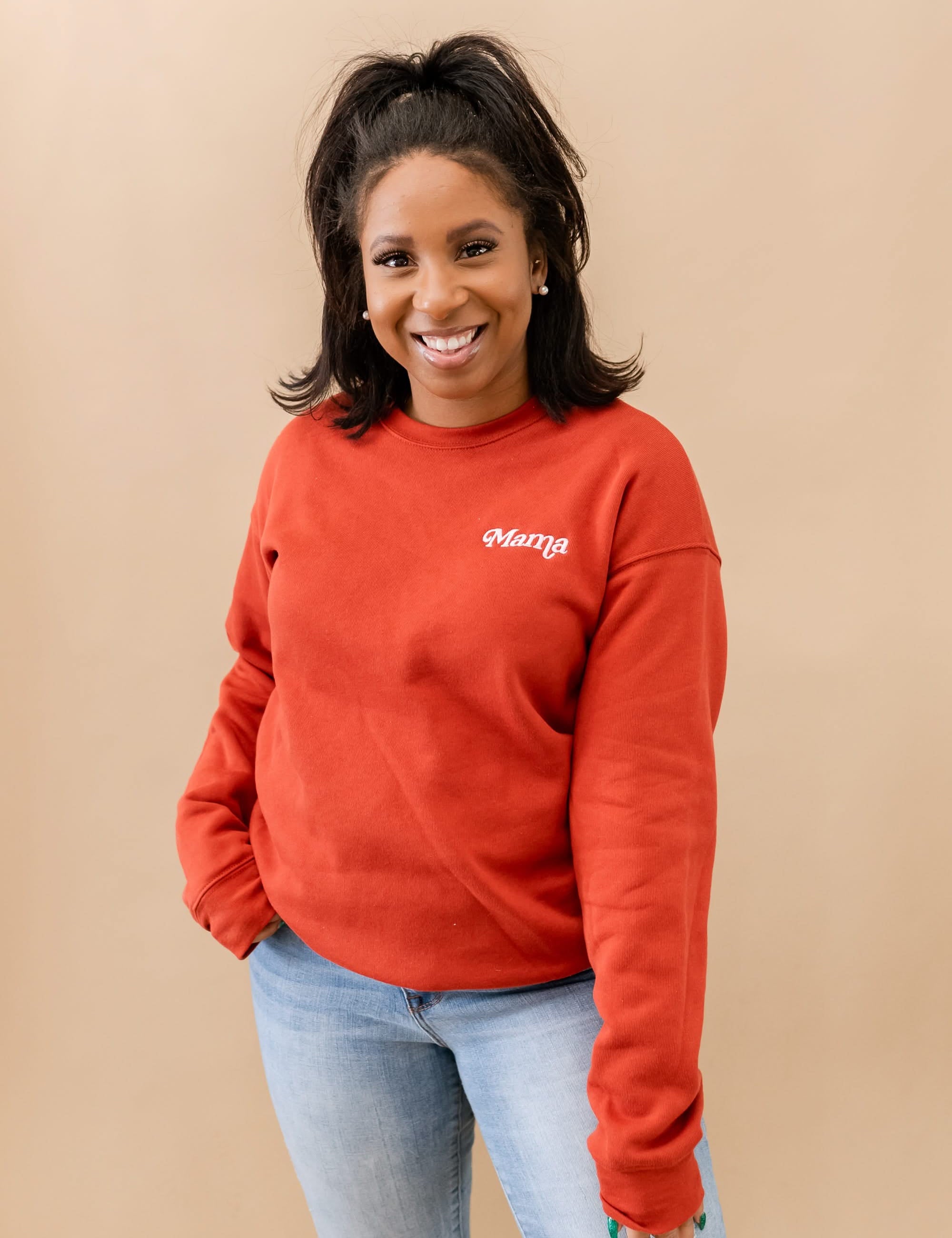 Mama Italic - Burnt Orange Embroidered Fleece Sweatshirt (Full Length) Little Mama Shirt Shop LLC