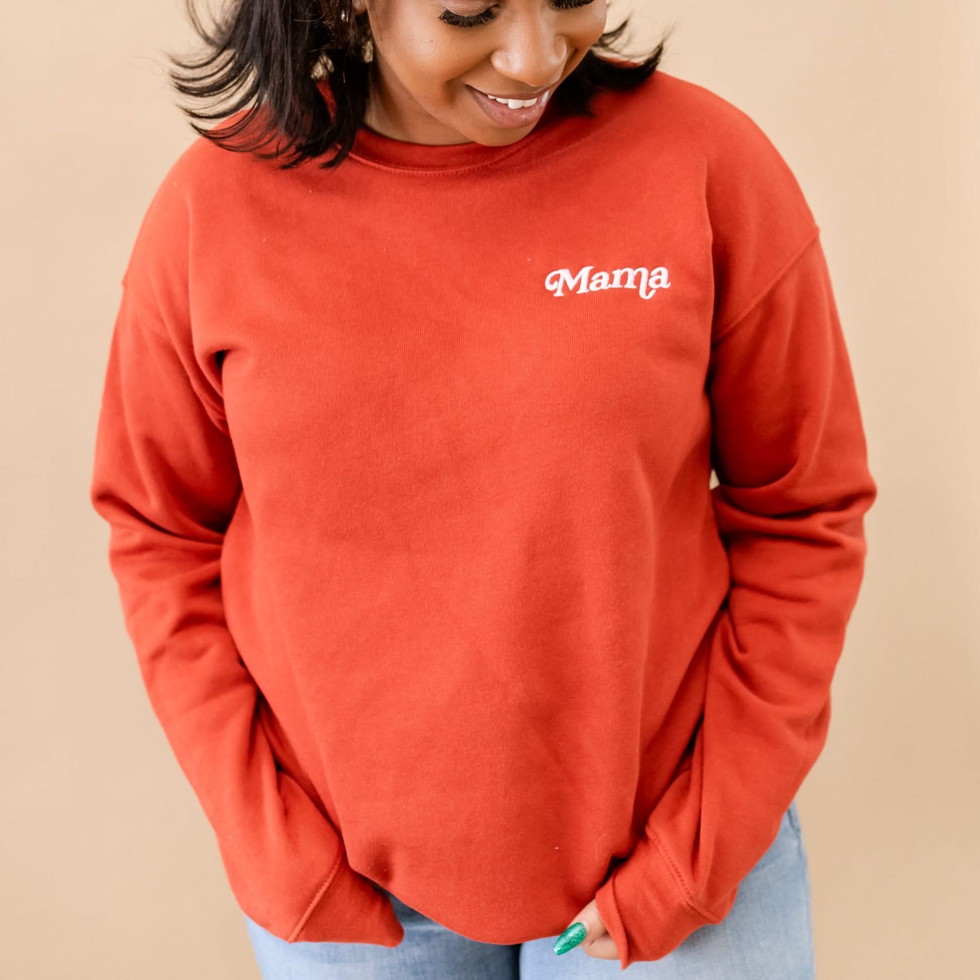 Mama Italic - Burnt Orange Embroidered Fleece Sweatshirt (Full Length) Little Mama Shirt Shop LLC