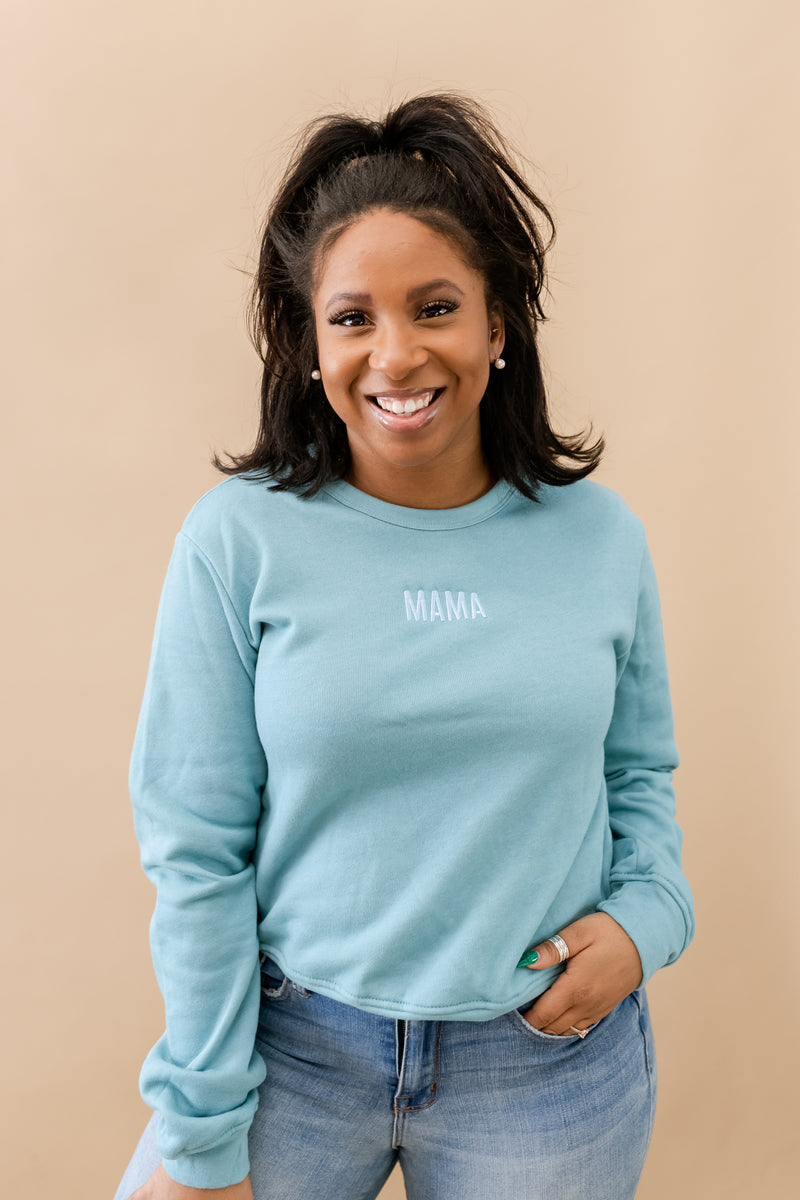 MAMA - Tone on Tone - MOM CROP - Embroidered Fleece Sweatshirt - BASIC BLUE