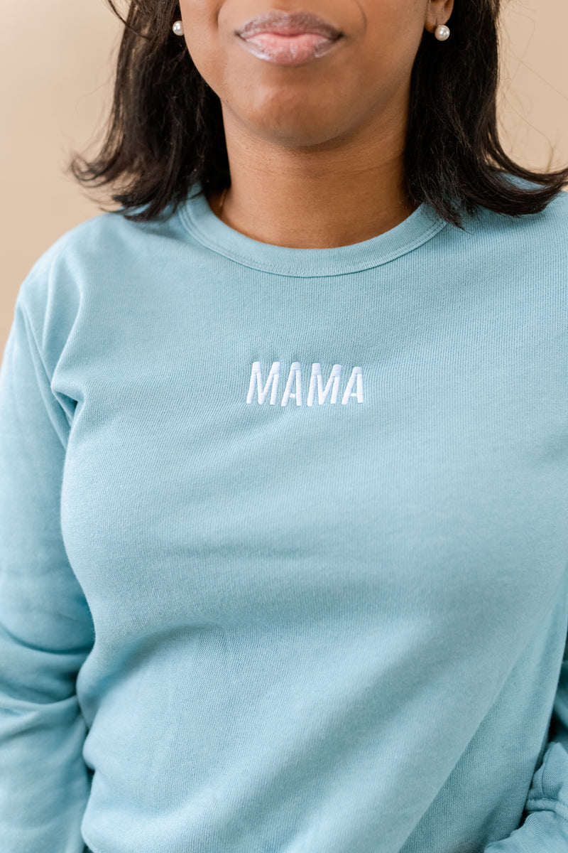 MAMA - Tone on Tone - MOM CROP - Embroidered Fleece Sweatshirt - BASIC BLUE