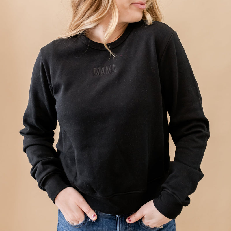 MAMA - Tone on Tone - MOM CROP - Embroidered Fleece Sweatshirt - BLACK