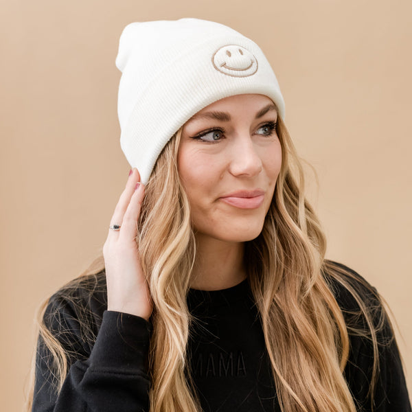 Adult Beanie - Simple Smiley - Cream w/ Light Brown