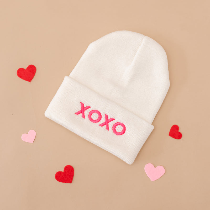 Adult Beanie - XOXO Block Font - Cream w/ Hot Pink