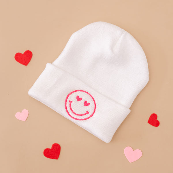 Adult Beanie - Heart Eye Smiley - Cream w/ Hot Pink