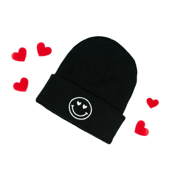 Child Beanie - HEART EYE SMILEY - Black w/ White