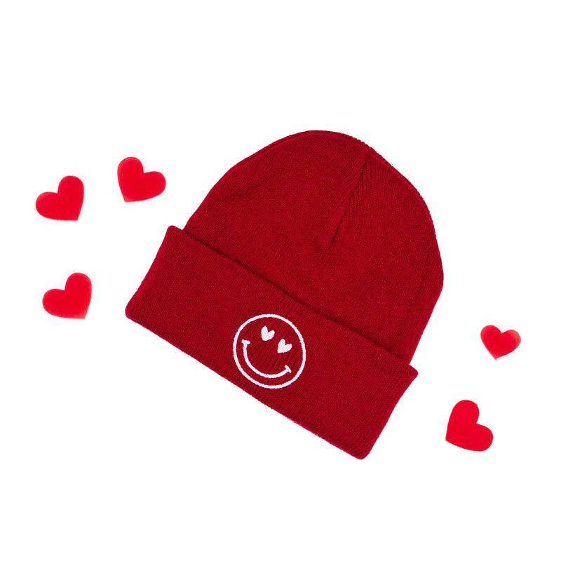 Child Beanie - HEART EYE SMILEY - Dark Red w/ White