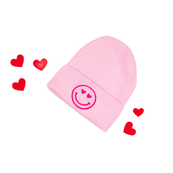 Child Beanie - HEART EYE SMILEY - Light Pink w/ Red