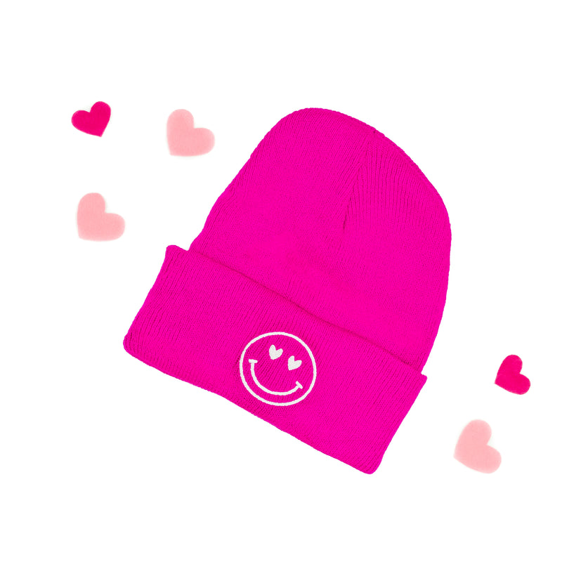 Child Beanie - HEART EYE SMILEY - Hot Pink w/ White