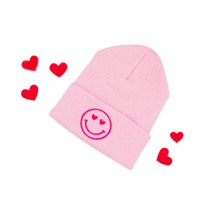 Adult Beanie - Heart Eye Smiley - Light Pink w/ Hot Pink