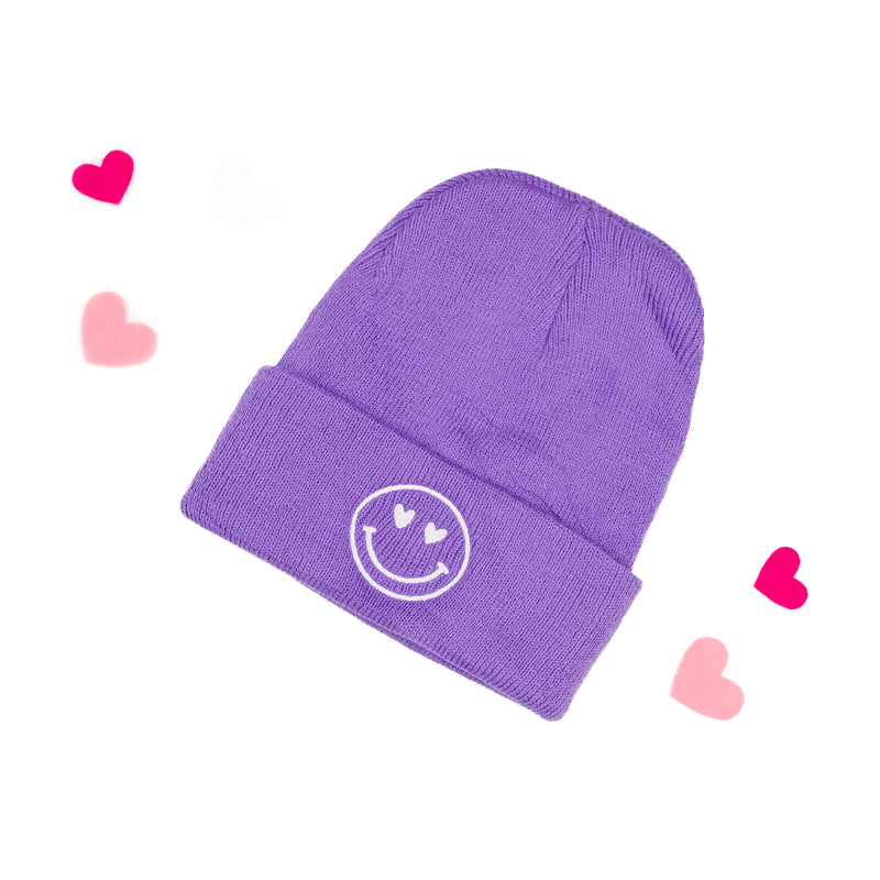 Child Beanie - HEART EYE SMILEY - Purple w/ White