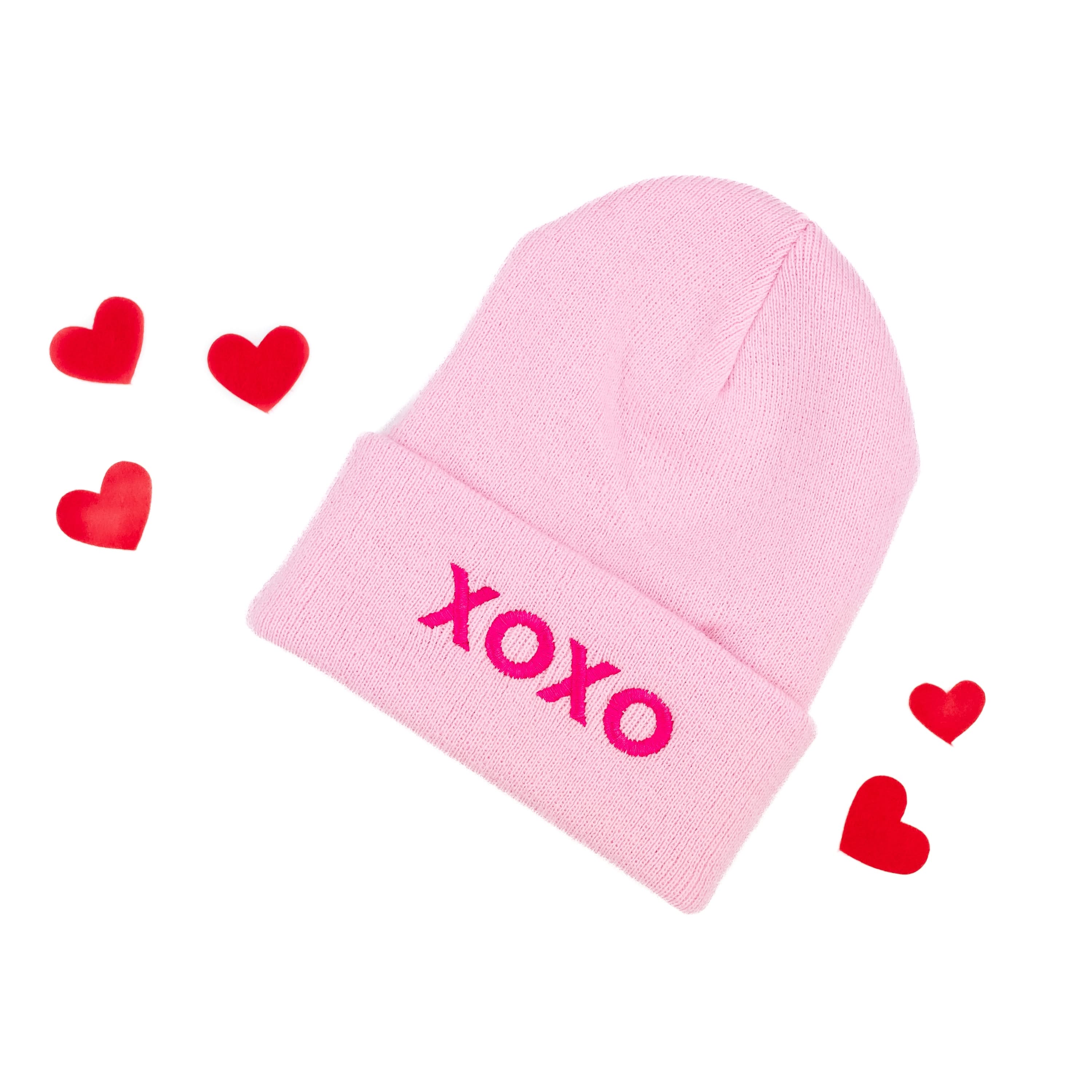 Adult Beanie - XOXO - Light Pink w/ Hot Pink Little Mama Shirt Shop LLC