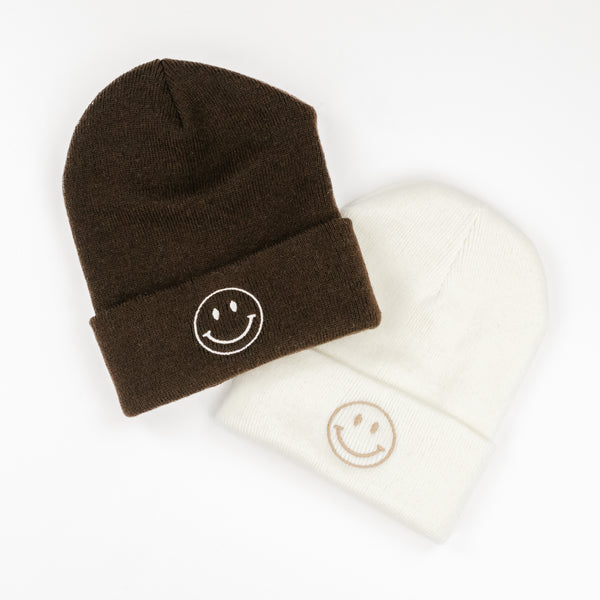 Adult Beanie - Simple Smiley - Brown w/ Cream