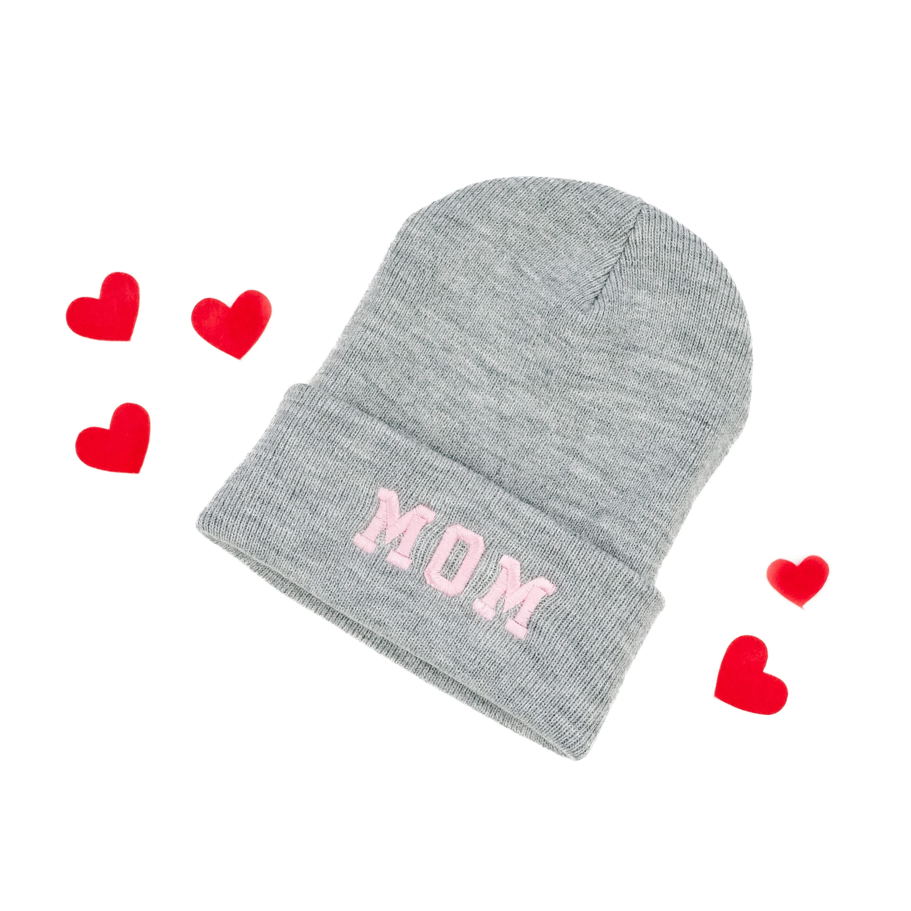 Adult Beanie - MOM Varsity - Gray w/ Light Pink Little Mama Shirt Shop LLC