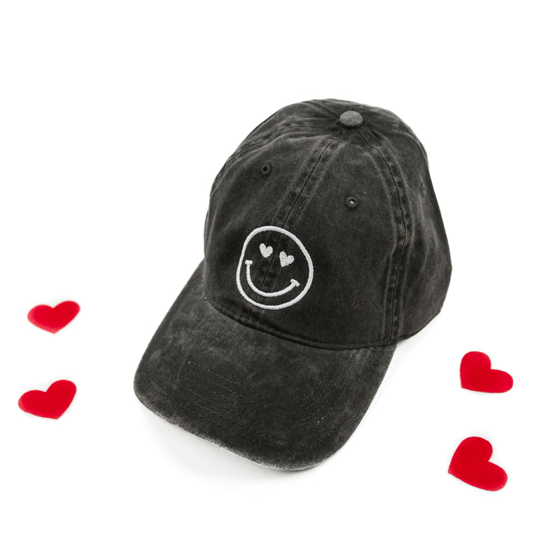 Adult Size - Heather Black w/ White - Heart Eye Smiley - Baseball Cap