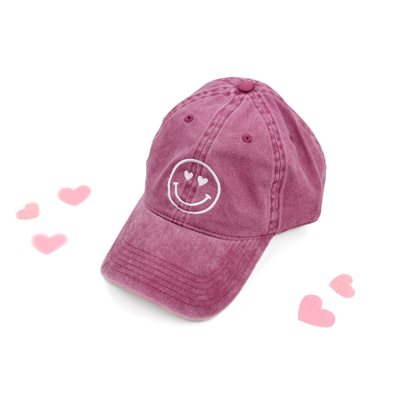 Adult Size - Maroon w/ White - Heart Eye Smiley - Baseball Cap