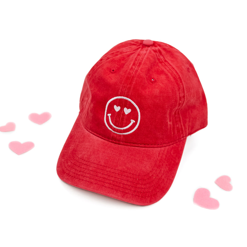 Adult Size - Heather Red w/ White - Heart Eye Smiley - Baseball Cap