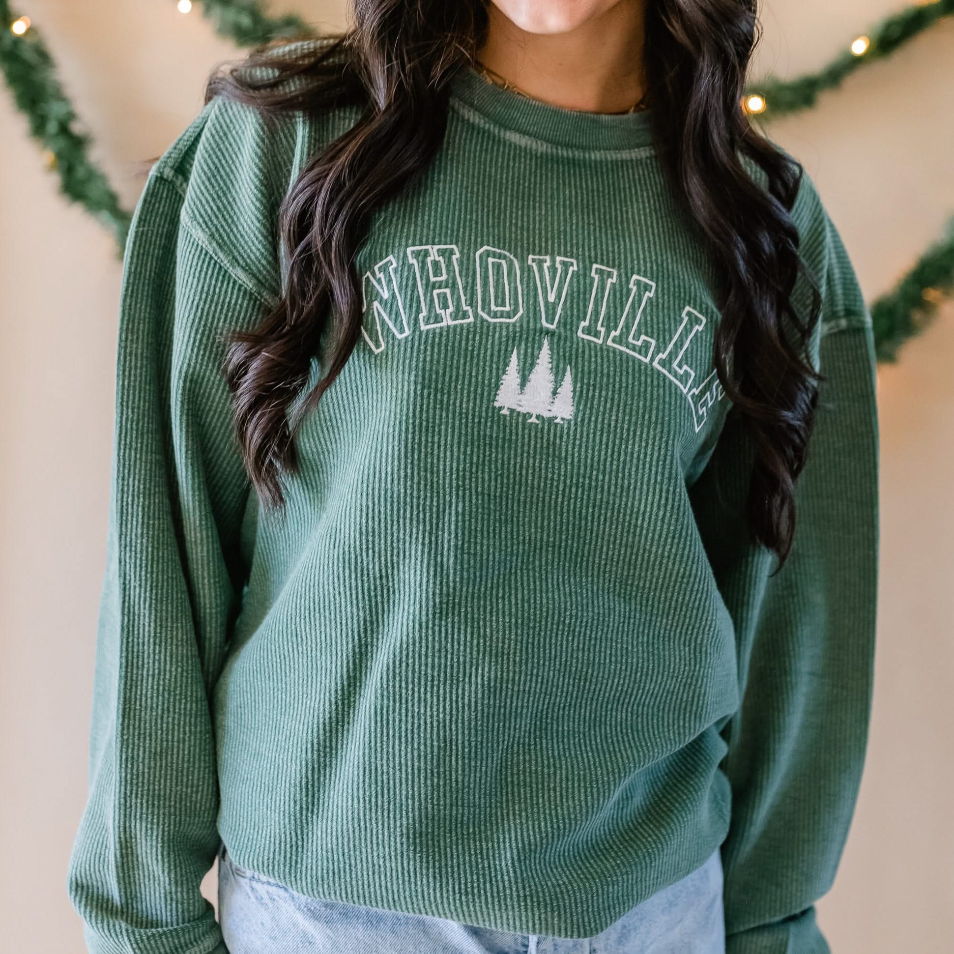 Whoville - Forest Green - Embroidered Corded Sweatshirt