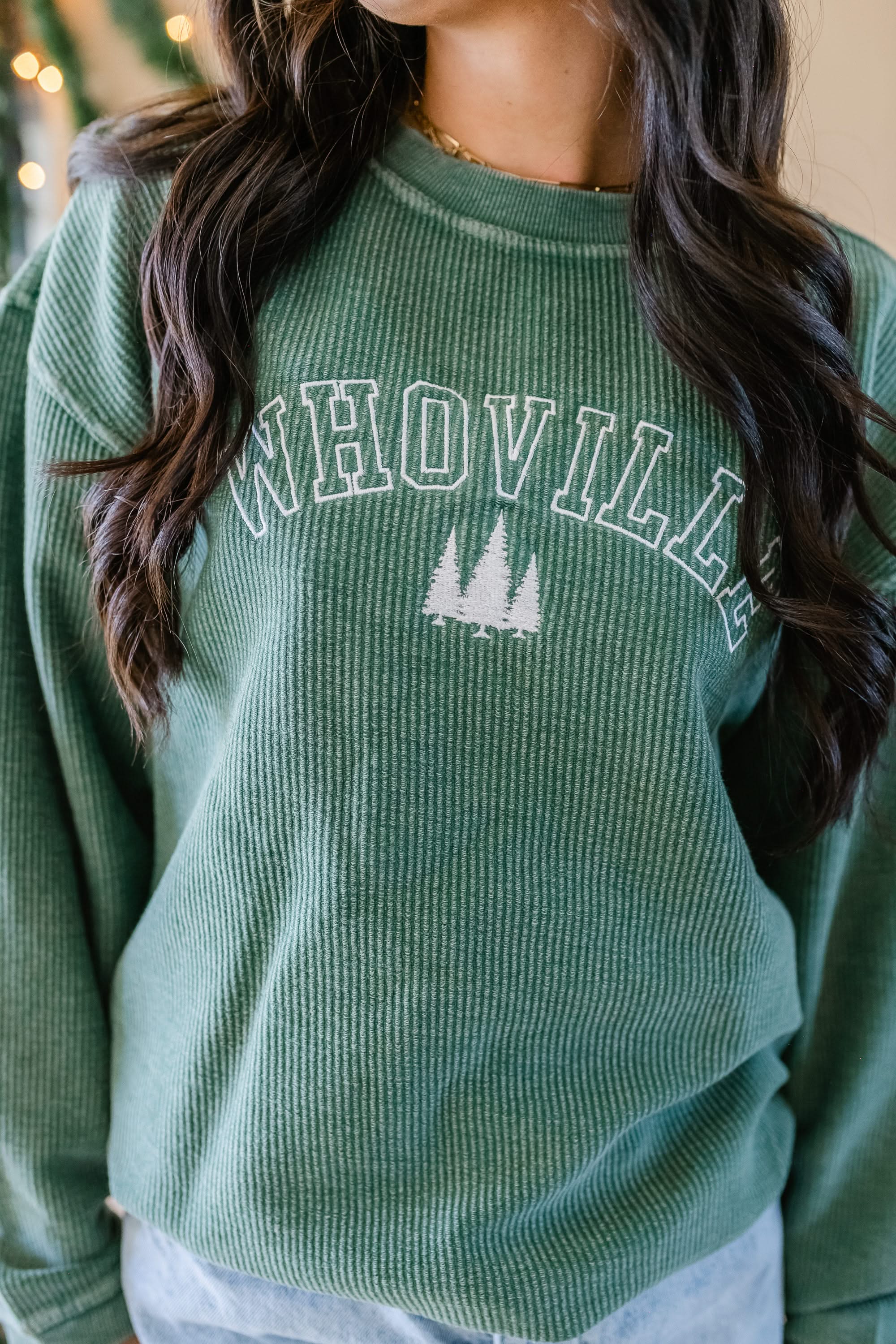 Whoville - Forest Green - Embroidered Corded Sweatshirt